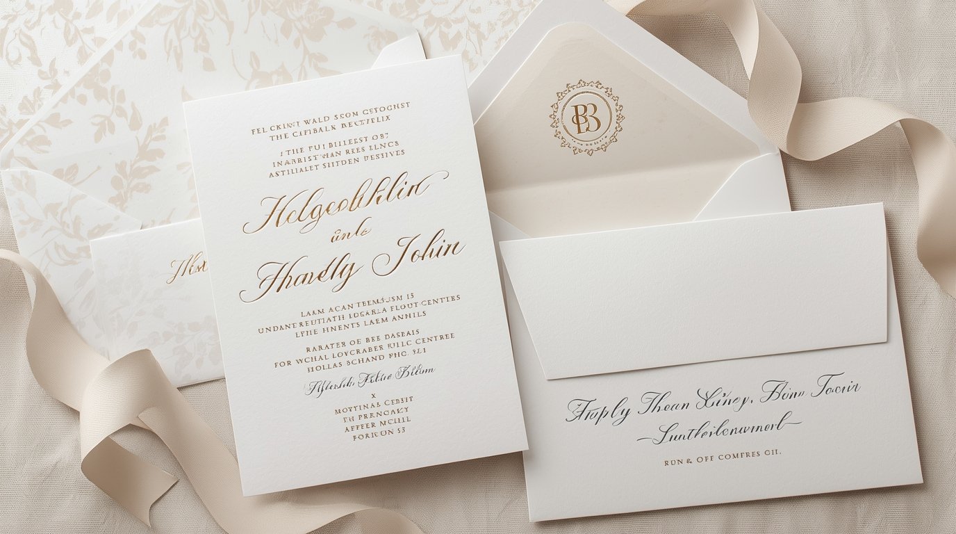 Elegant wedding invitation suite with matching envelopes